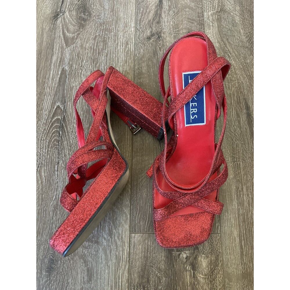90s Bakers Red Sparkle Chunky Heels Platform Sandals Size 10